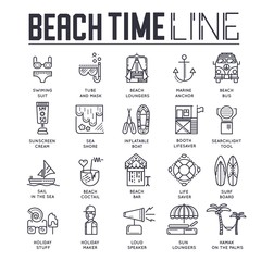 Seabeach with items for summer activities vector outline concept. Different equipment for summer activities on seashore.  thin line illustration. Banner with typography slogan text design. 