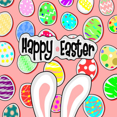 big bunny ears and egg on pink back ground,Happy easter concept,Holidays vector.