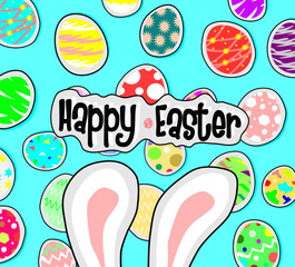  big bunny ears and egg on blue back ground,Happy easter concept,Holidays vector.