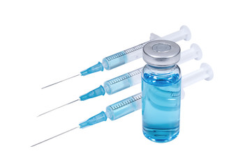 Three syringes and  medical vial with light blue vaccine on white background