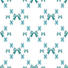 Mint Blue Green Tartan seamless with tie bows Vintage Background Vector Illustration.