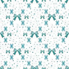 Seamless pattern with tie and bow on a polka dot background. Vector white illustration.