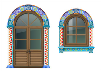 Obraz premium Arched wooden doors and window in Mexican or Spanish style with bright colored ornamental frame. Vector graphics