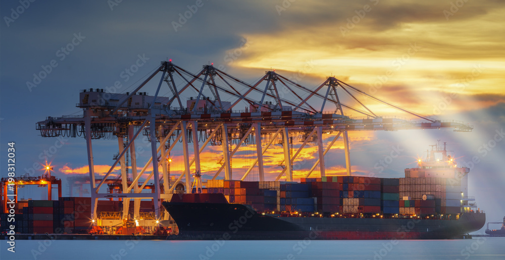 Fototapete container loading in terminal port to vessel cargo