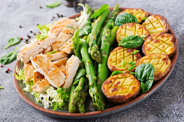 Chicken fillet cooked on a grill with a garnish of asparagus and baked potatoes. Dietary menu....