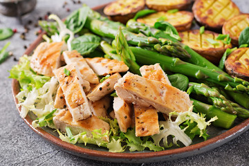 Chicken fillet cooked on a grill with a garnish of asparagus and baked potatoes. Dietary menu. Healthy food.