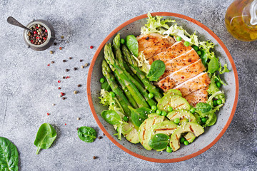 Chicken fillet cooked on a grill with a garnish of asparagus and grilled avokado. Dietary menu....