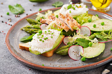 Healthy breakfast. Eggs poached on toast with avocado, asparagus and chicken fillet on grill.