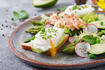 Healthy breakfast. Eggs poached on toast with avocado, asparagus and chicken fillet on grill.