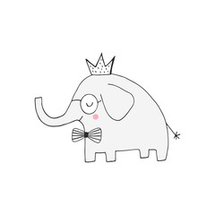 Hand drawn nursery birthday poster with elephant king in scandinavian style.