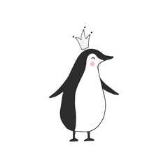Hand drawn nursery birthday poster with penguin in scandinavian style.