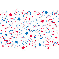 vector seamless festive pattern of confetti and stars, blue and red