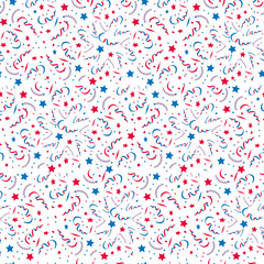 vector seamless festive pattern of confetti and stars, blue and red