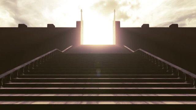 A depiction of the pearly gates of heaven opening with light emanating from the bright side contrasting with the duller foreground and a stairway leading up to it