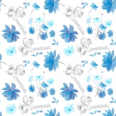 Seamless pattern of blue cosmos flowers and beautiful lettering for fabric samples. Hand drawn illustration.