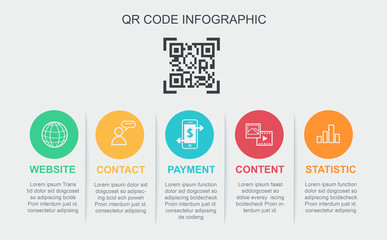 Vector QR code infographic template. 5 option, Website, Contact, Content, Statistic icon. Letter QR inside isolated on white background. Payment technology concept.