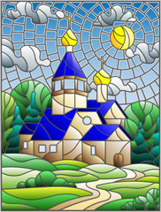 Illustration in stained glass style with Church on the background of summer landscape, a Church on the background of the Sunny sky and green trees