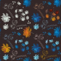 Fototapeta na wymiar Luxury seamless floral pattern with beautiful lettering. Blue, orange and white cosmos flower.