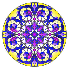 Illustration in stained glass style with abstract flowers, leaves and swirls, circular image on white background