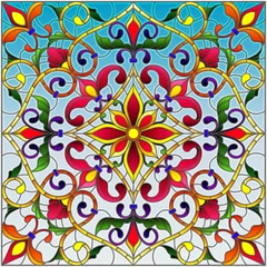 Papier Peint photo Lavable Tuiles marocaines Illustration dans le style de vitrail, image miroir carrée avec ornements floraux et tourbillons