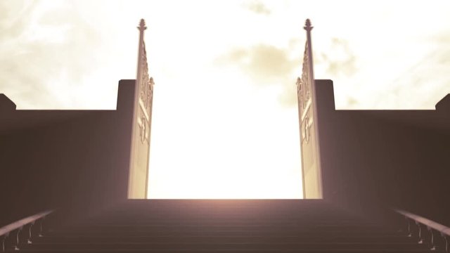 A depiction of the pearly gates of heaven opening with light emanating from the bright side contrasting with the duller foreground and a stairway leading up to it