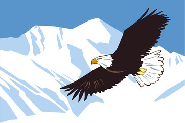 Eagle flies against the background of snowy mountains. Vector drawing