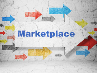 Marketing concept:  arrow with Marketplace on grunge textured concrete wall background, 3D rendering