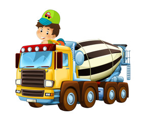 cartoon happy and funny child - boy in toy construction site truck -  on white background - illustration for children