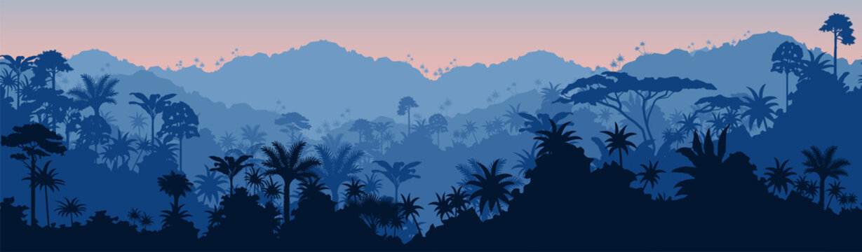 Vector horizontal seamless tropical rainforest Jungle background