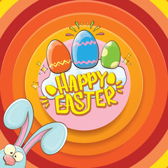 happy easter greeting card wtih bunny, calligraphic text, clouds , rainbow and color easter eggs. vector easter kids cartoon poster