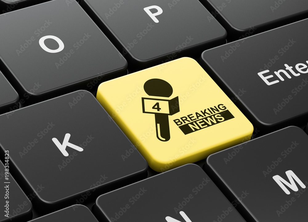 Poster news concept: computer keyboard with breaking news and microphone icon on enter button background, 3