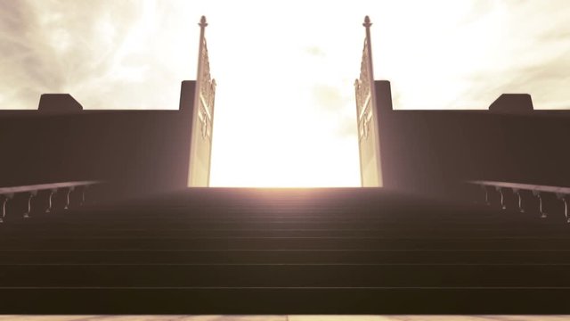 A depiction of the pearly gates of heaven opening with light emanating from the bright side contrasting with the duller foreground and a stairway leading up to it