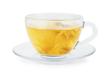 A phyto tea in a transparent cup on a white background