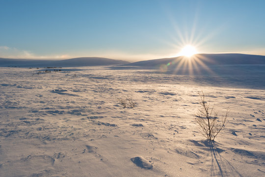 Sunshine at the flat mountain in arctic Norway