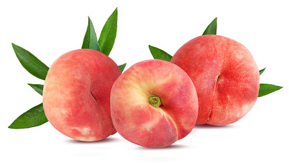 Three chinese flat donut peaches with leaf isolated on white with clipping path