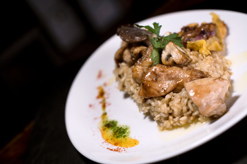 Rice Risotto Gourmet Restaurant chef dinner plate cuisine pork vegetable meal meat friend lunch spicy vegetables delicious curry