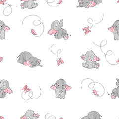 Cute cartoon elephants and butterflies seamless vector pattern. Baby print.