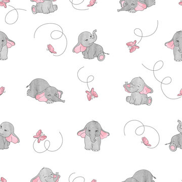 Cute cartoon elephants and butterflies seamless vector pattern. Baby print.