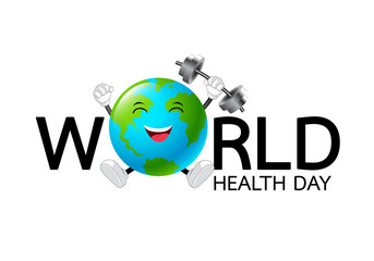 World health day concept text design. With globe mascot weight lifting over. Illustration isolated on white background.