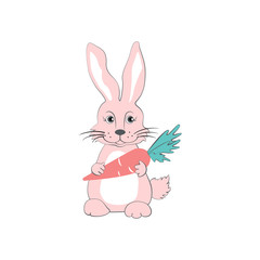 Cartoon pink rabbit vector with carrot, kids domestic animal, cute bunny, hare sitting isolated on white background, Character design for greeting card, children invite, creation of alphabet, holiday