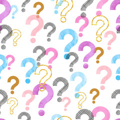 Seamless question mark pattern. Vector background with colorful watercolor symbols.