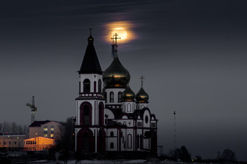 Full Super Moon over Country Church in Siberia