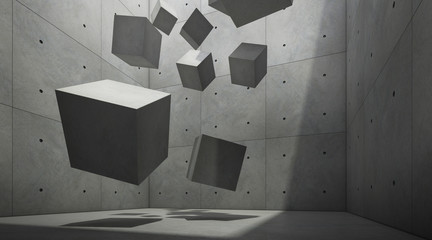 Abstract of architecture space with cement box are falling to the ground and light and shadow of the sun,3D render