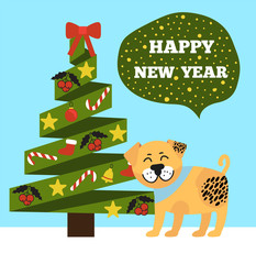 Happy New Years Placard with Tree and Puppy Icons
