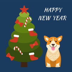 Happy New Year Tree and Dog Vector Illustration