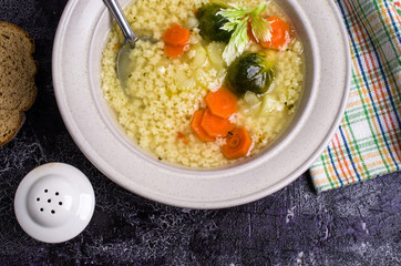 Thick clear soup with pasta
