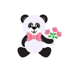 Obraz premium cartoon panda vector sitting with tie and flowers