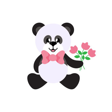 cartoon panda vector sitting with tie and flowers