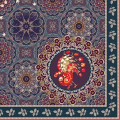 Quarter vintage shawl with flowers mandalas, paisley, magic peacock and leaves border in indian style.