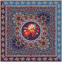 Square ornamental pattern with magical peacock and leaves border. Indian, persian, russian motives.